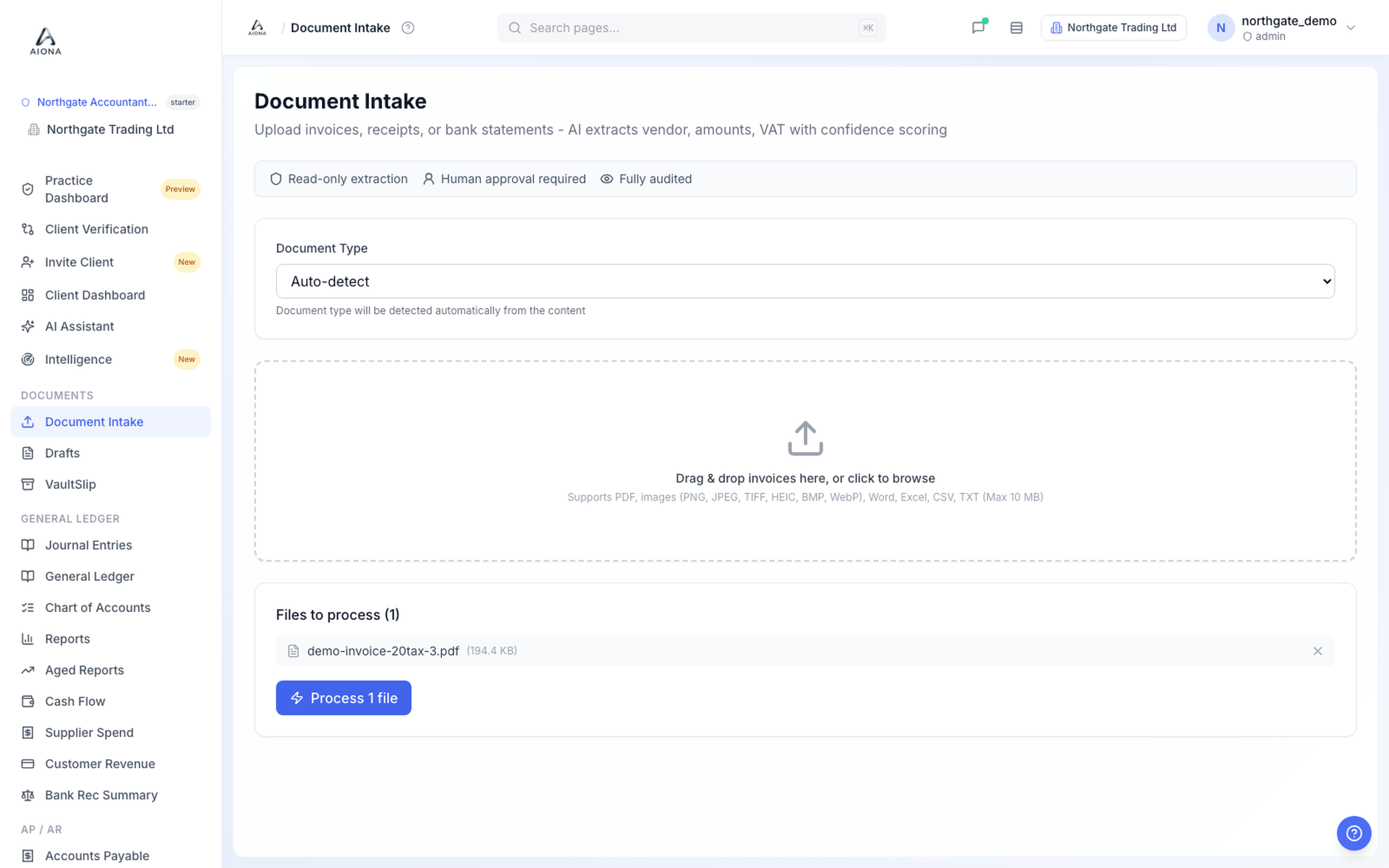 Document Intake with a queued file and the Process button