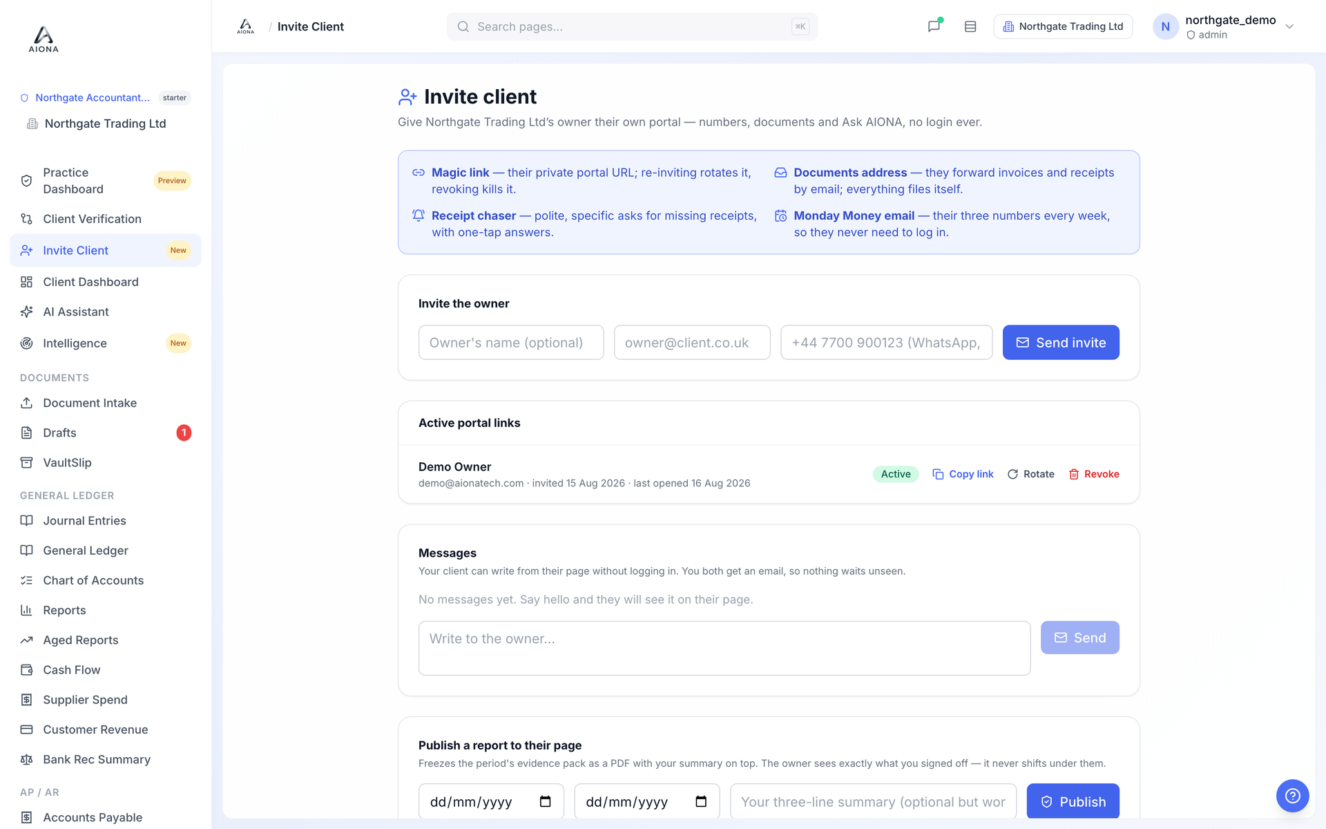 The Invite client page with the magic link explainer and the invite form