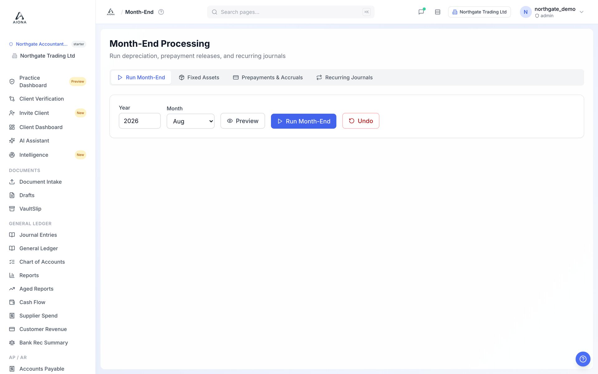 Month-End Processing with year and month selectors, Preview, Run Month-End and Undo