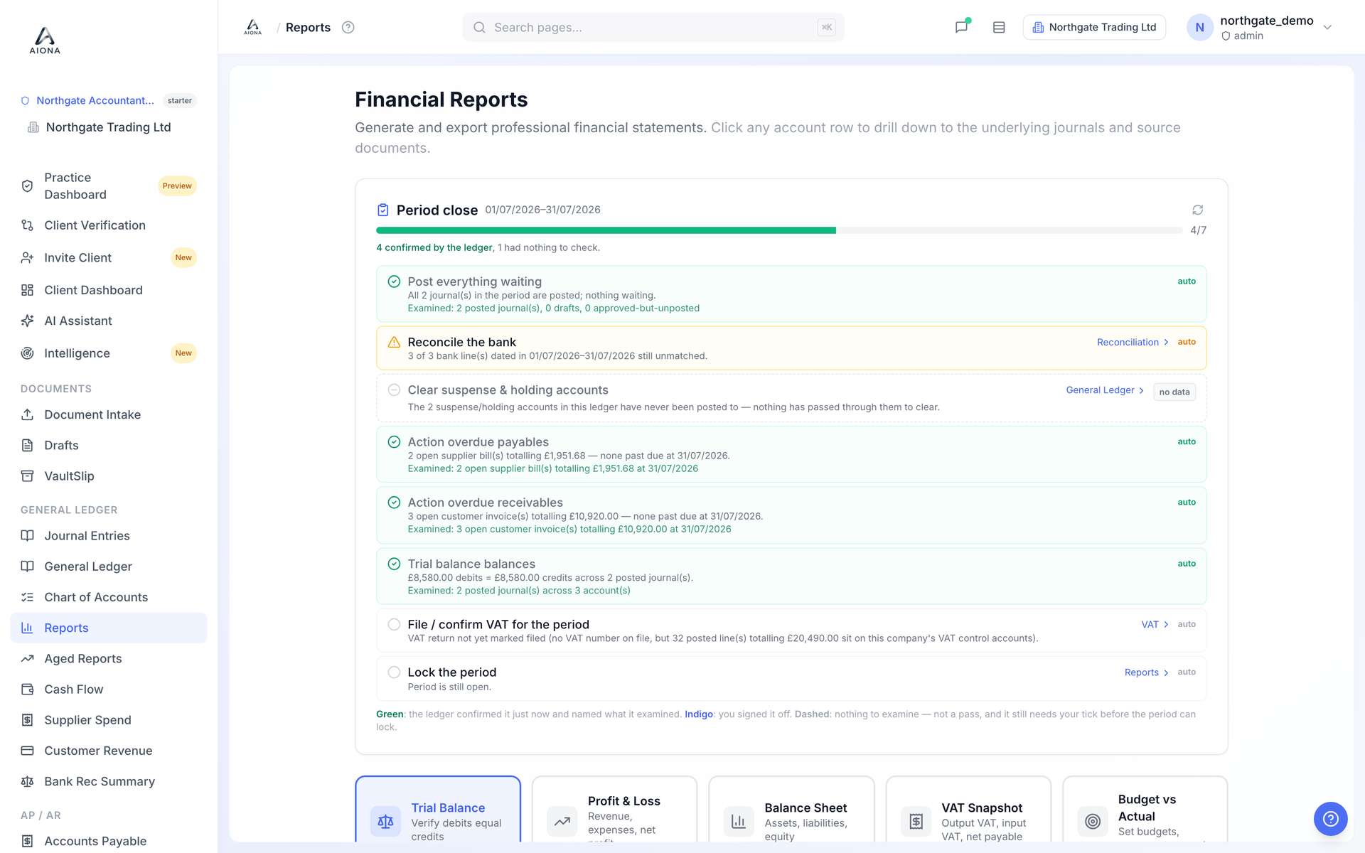 The Financial Reports page with period selection and report tiles