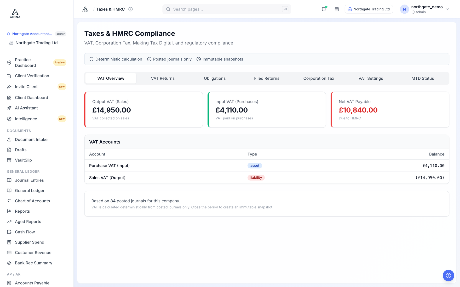 The Taxes and HMRC page showing output VAT, input VAT and net VAT payable